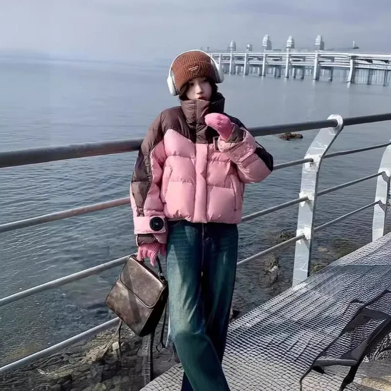 أزياء مزيج اللون النساء سترات فضفاضة سماكة سترة الشتاء البريدي أزرار مزدوجة بلاكيت تصاميم الدافئة الوقوف طوق جيوب معاطف