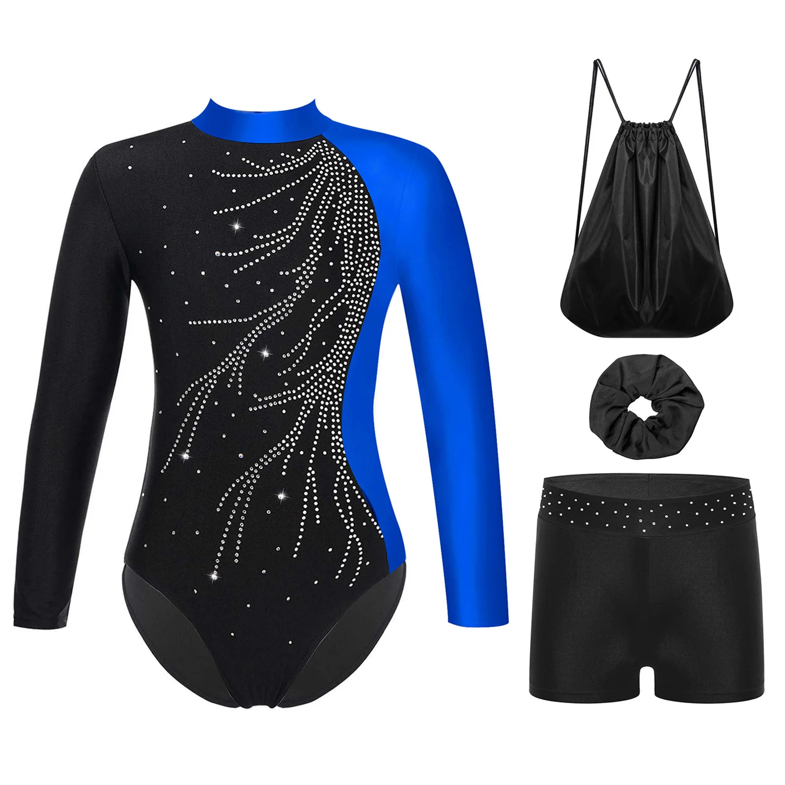 

Детский комплект для балета и гимнастики из 4 предметов: танцевальный костюм для девочек с высоким воротником и длинными рукавами, шорты, повязка для волос и сумка для хранения