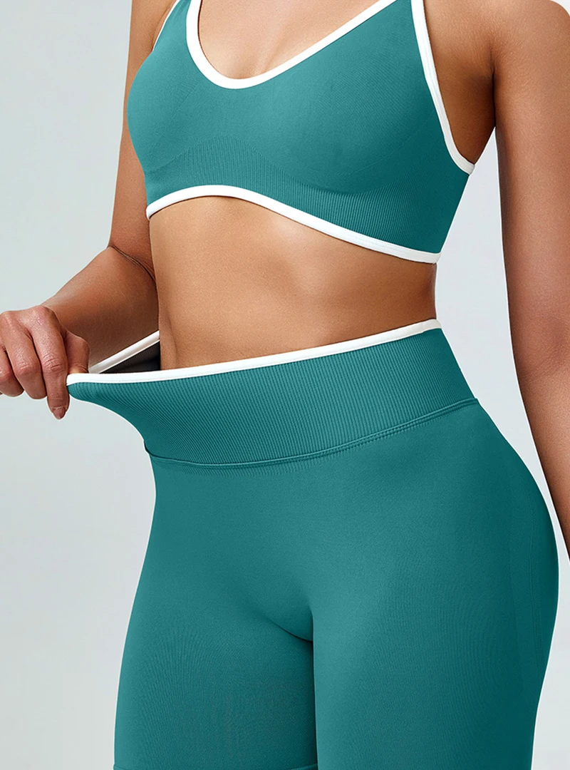 2Pcs High Waist Shorts Sports Bra Yoga Set Women Retro Contrast Color Impact Workout Suit Woman Push Up Running Sports Suit Lady