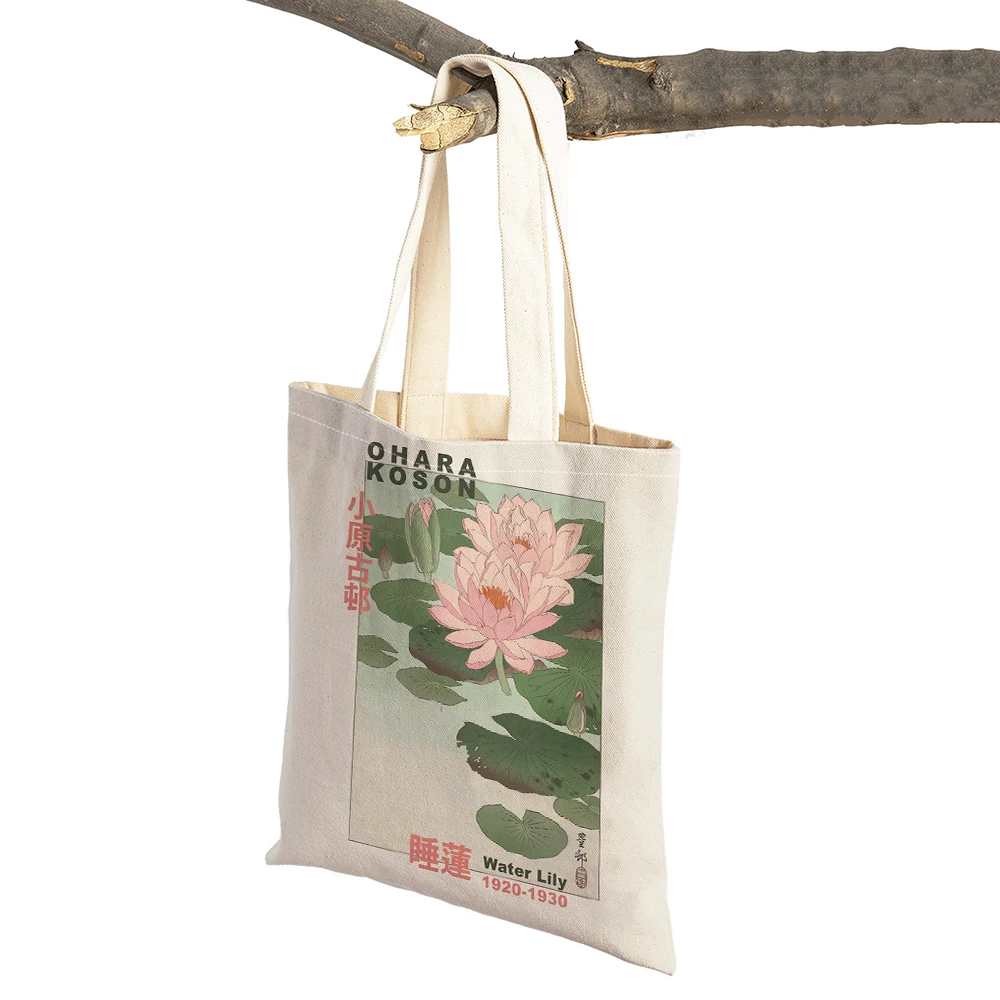 Hokusai Ohara Koson Japan Women Shopping Bag Double Print Abstract Casual Shopper Bags Lady Linen Tote Flower Travel Handbag