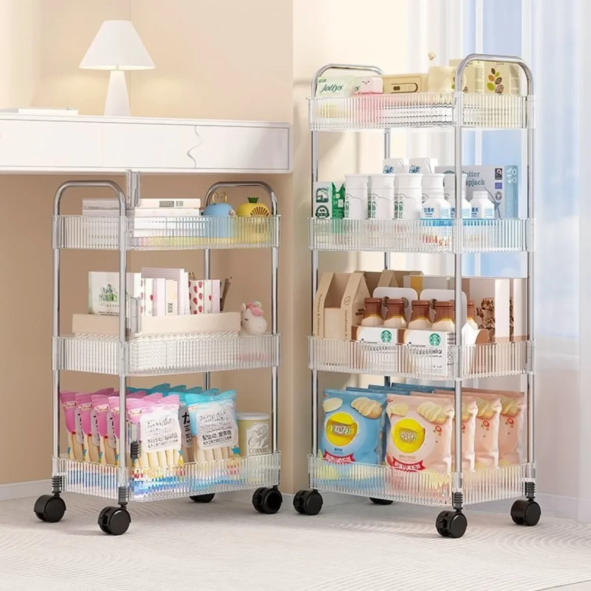 

Mobile Storage Rack Kitchen Bathroom Living Room Organizer Multi-Layers Transparent Trolley Bookshelf with Wheel Hanging Basket