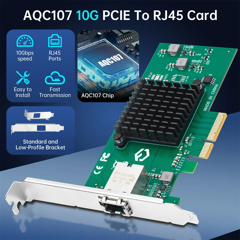 10G PCIE To RJ45 AQC107 WiFi Network Card PCIE X4 Gigabit Ethernet 10000Mbps PCI Express LAN Adapter For Desktop PC Sever