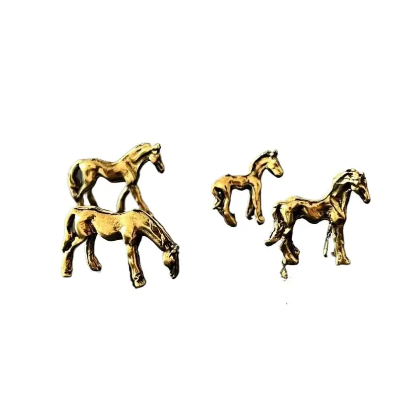 1/4Pcs Miniature Antique Long Tail Horse Figurines Feng Shui Ornament Copper Alloy Zodiac Animal Mini Desktop Crafts Home Decor