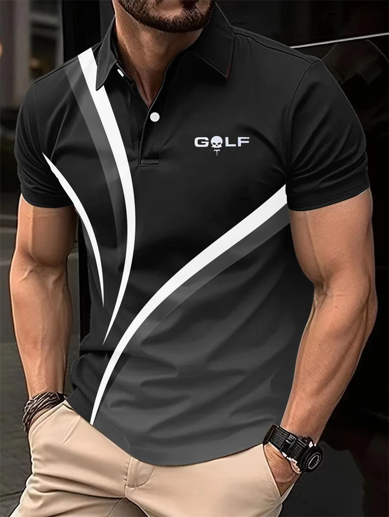 Men's Golf Sportswear Striped Print Short Sleeve T-shirt Outdoor Leisure Quick Dry Breathable Top Lapel Button Men's Clothing