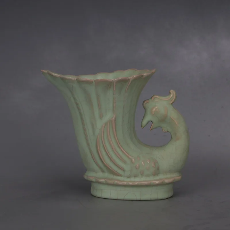 Song Dynasty Style Ru Ware Powder Blue Glaze Crackle Phoenix Cup Antique Replica Porcelain Collection