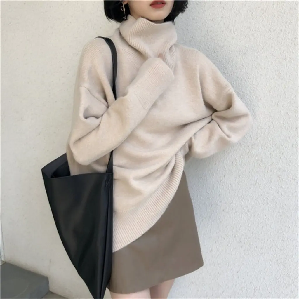 

Women's Slimming Turtleneck Pullover Knitted Shirt High-Grade Lazy Style Solid Color Bottoming Top for Winter