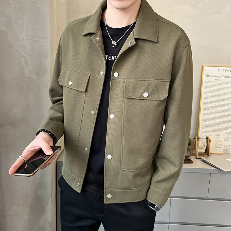 

2023 Large Size Jackets Men Basic Soft Letter Pockets Autumn Wind Breaker Turn-down Collar Teenagers Coats Outwear Chic U31