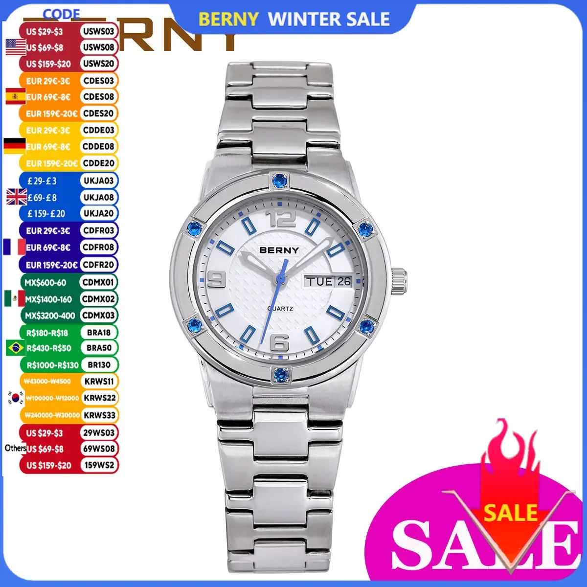 BERNY Women's Watches Luminous Date Week Calendar Stainless Steel Quartz Women WristWatches Clock Waterproof Casual Ladies Watch