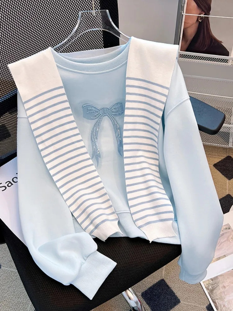 

Striped oulder Wrap round Ne Sweatirt Women's Loose Fit Spring Autumn Small Size No Cap Top Original Design Casual Wear