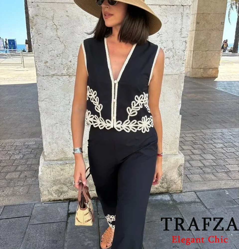 TRAFZA-طقم صدرية غير رسمية للنساء ، بدون أكمام ، فضفاضة ، بنطال بأرجل مستقيمة ، عطلة ، صيف ، جديد ،