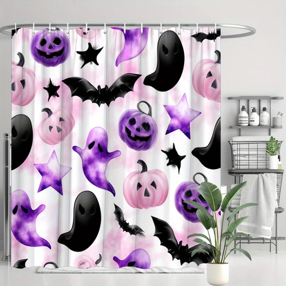 

1 Piece Halloween Pastel Shower Curtain Pink Background Black Ghost Purple Pumpkin Bats Stars Holiday Bathroom Decoration