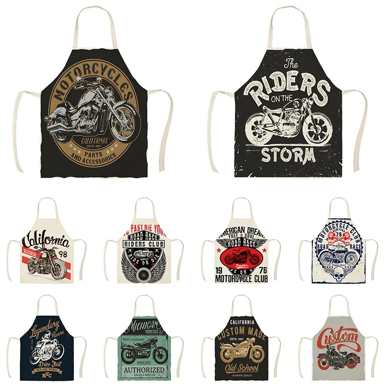 Retro Motorcycle Poster Kitchen Apron Art Letter Printing Riding Cotton Linen  Men's Household Cleaning Tools