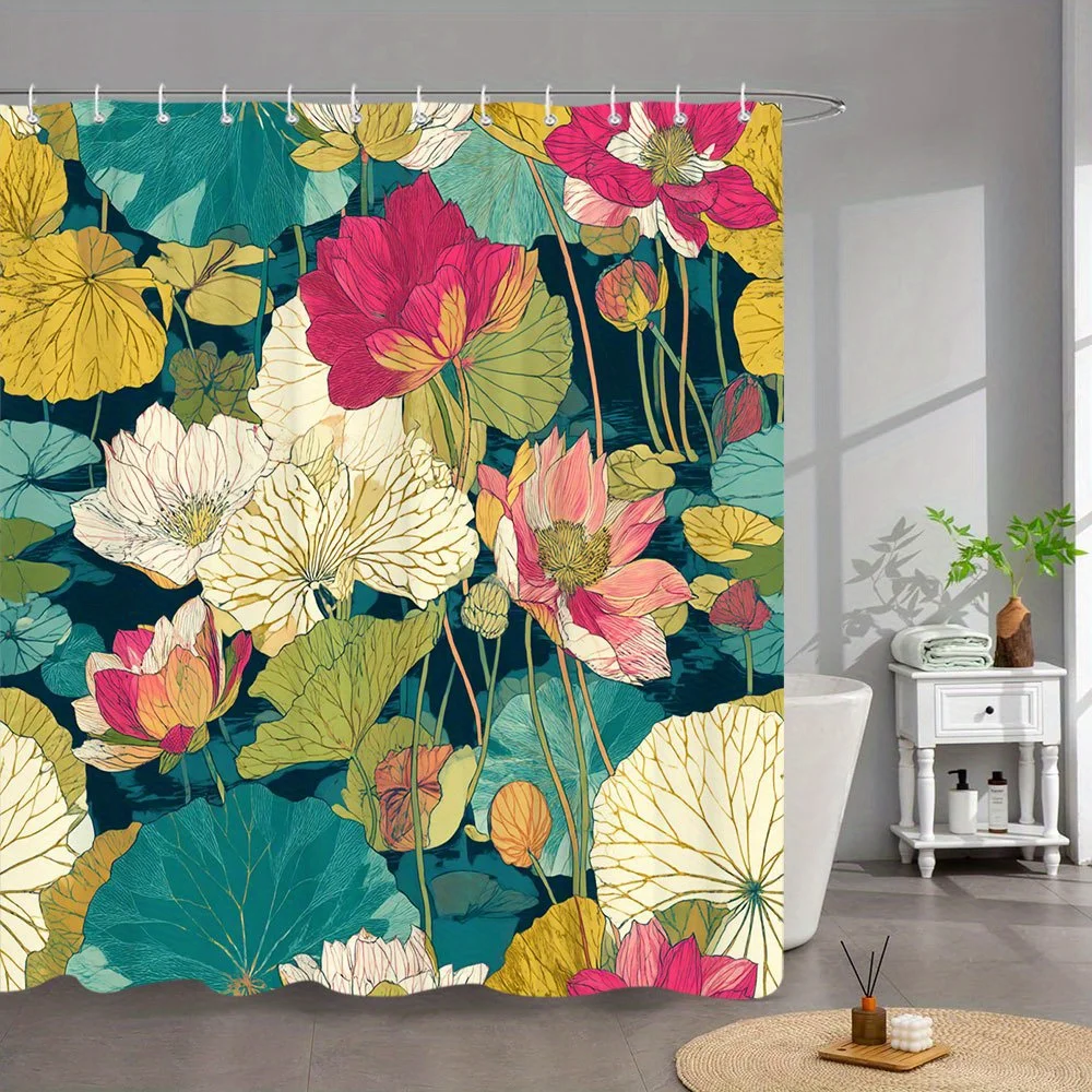 

2D плоская шторка для душа с ботаническим цветочным узором, 1 шт., яркие красные, розовые, белые, желтые цветы, текстурированные темно-зеленые листья, темно-бирюзовый цвет