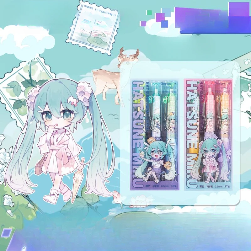 

New Hatsune Miku 2D anime peripheral cartoon cute print student exam questions quick and smooth press black signature pen gift