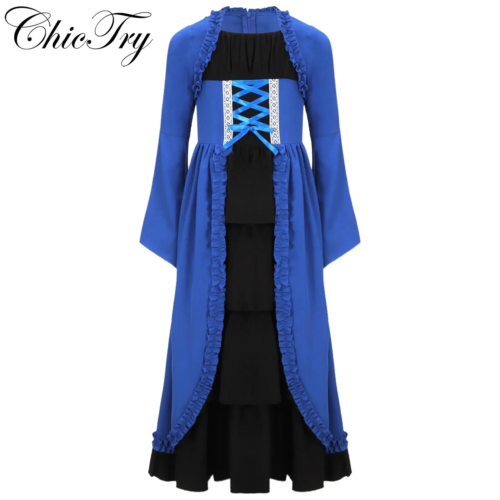 

Kids Girls Medieval Renaissance Costume Halloween Cosplay Dress Long Bell Sleeve Ruffled Trim Layered Ruffled for Themed Parties
