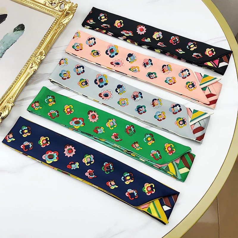 120cm LengthenedKorean Version Color-blocking Flower Fashion Ladies Fecoration Twill long Strip silk scarf Tie Bind a bag Ribbon