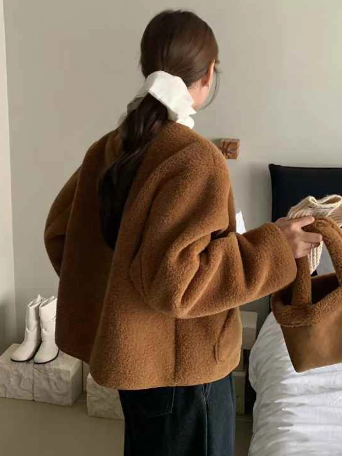 Capispalla invernale da donna, morbido cappotto peloso, chic, vintage, aosphere, set in due pezzi con borsa, vestibilità ampia, lungo, Sve V-Ne Bu...