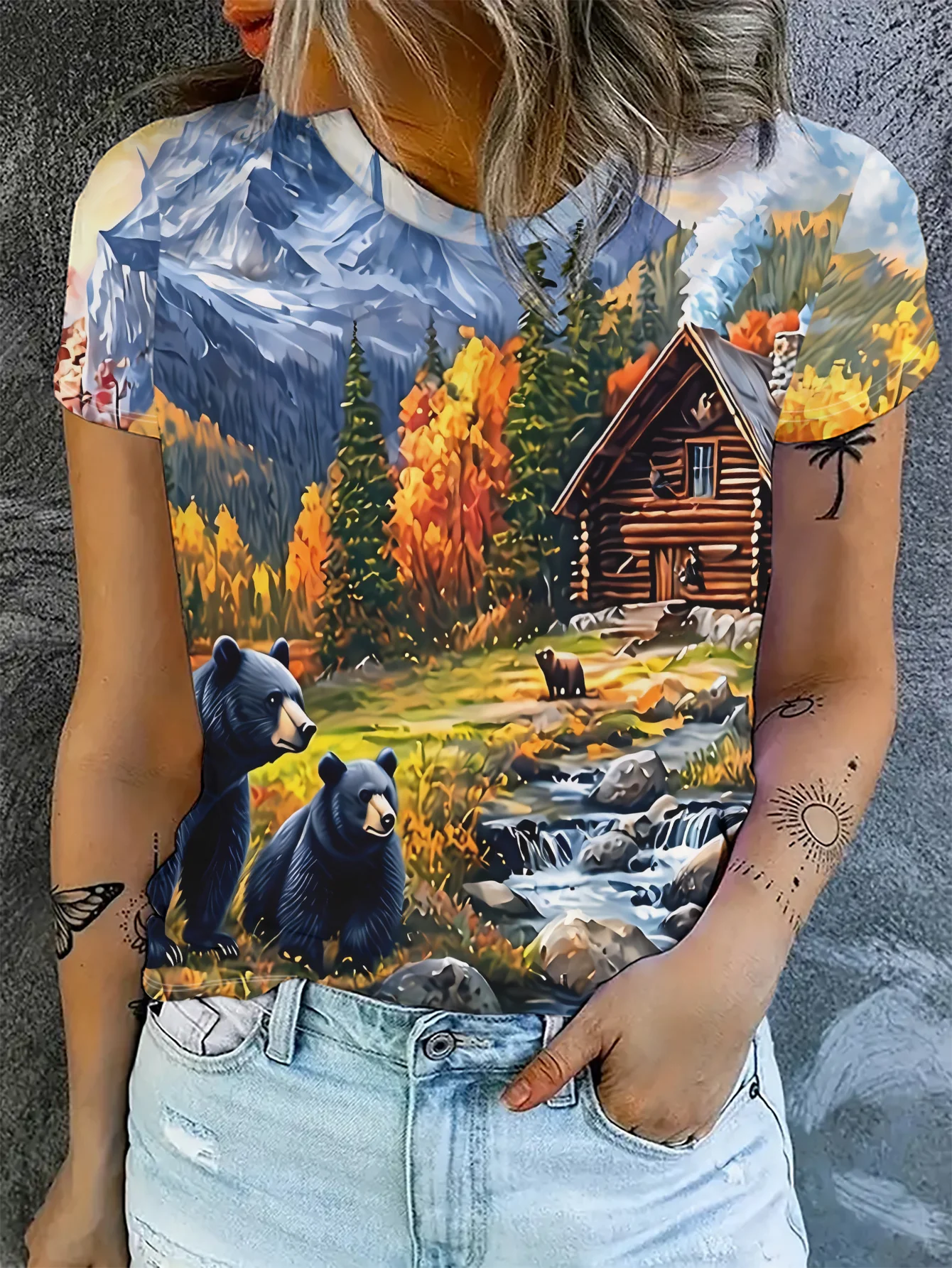 Women Mountain Forest Cabin Black Bear River Scenery Print T‑Shirt Short Sleeve Crew Neck Casual Loose Summer Tops