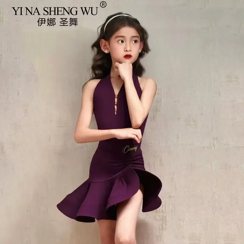 Vestito da ballo latino per ragazze Gonna arricciata con scollo all'americana viola senza maniche Bambini Salsa Rumba Cha Cha Costume da competizione per bambini