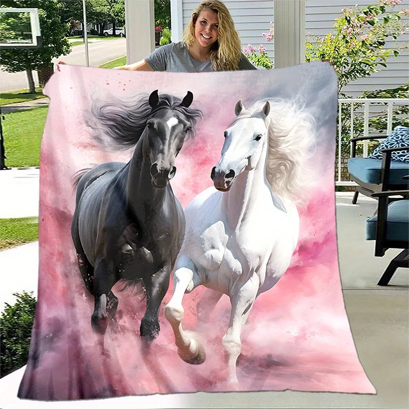 Lightweight Flannel Cozy Blanket, Soft and Warm Digital Printing Fleece with Black and White Horse Pink Print