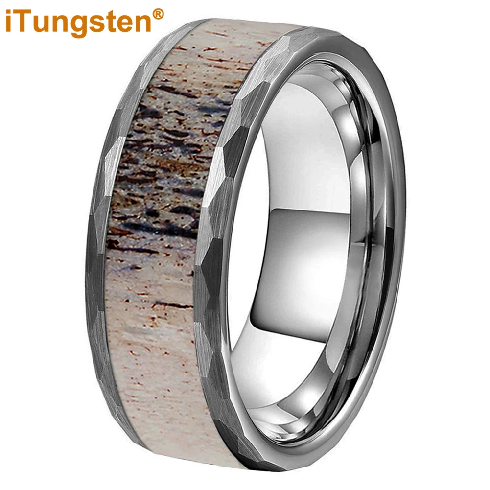 

iTungsten 8mm Luxury Deer Antler Ring Men Women Tungsten Flat Wedding Band Hammered Finish Comfort Fit