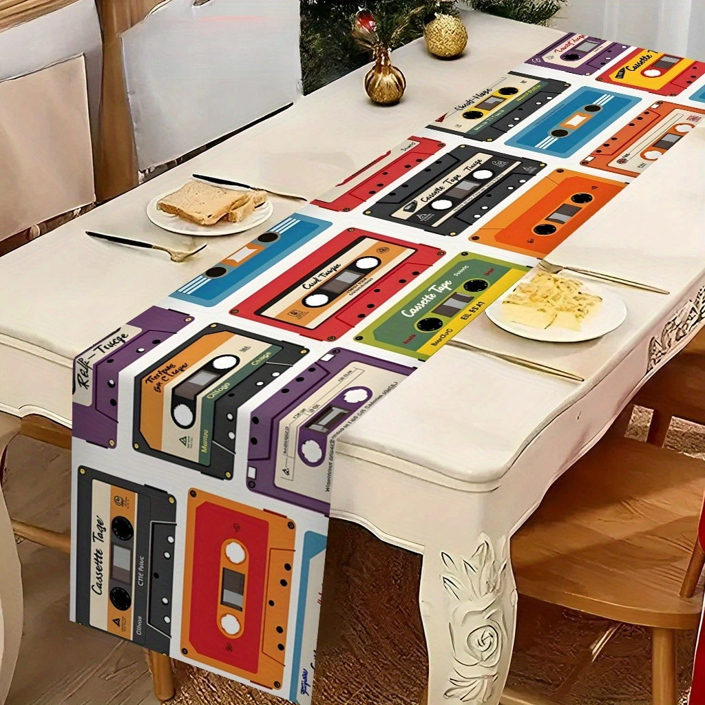 

1-Piece Retro Cassette Print Table Runner, Washable, Rectangular Table Runner for Party & Daily Dining Table Atmosphere Decor