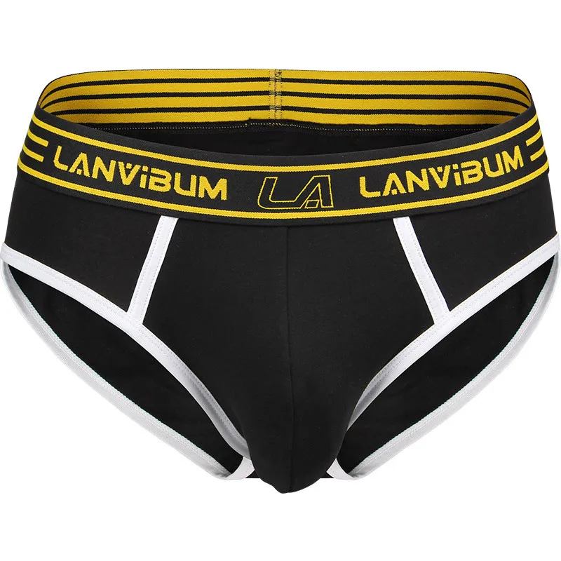 Men's Cotton Mid Waist Briefs Striped Brand Print Elastic Waist Contrast Edge Soft Stretch U Bulge Pouch Comfort Underpants