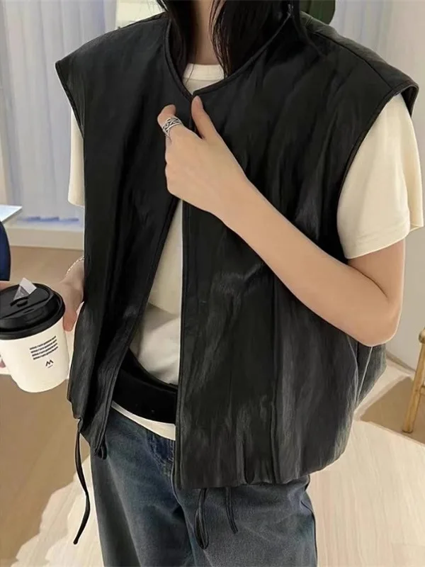 

Ele Svel Leather Vest Women's Loose Fit Dstring Versatile Outerwear Early Autumn New Sle Pure Color round Ne