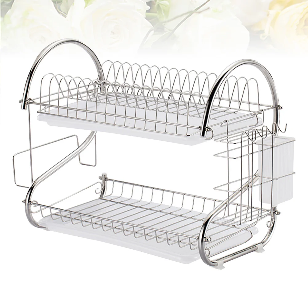 

Stainless Steel Dish Drying Rack 2 Tier Drain Rack with Drainboard Utensil Holder Dish Strainer Storage Shelf for Kitchen