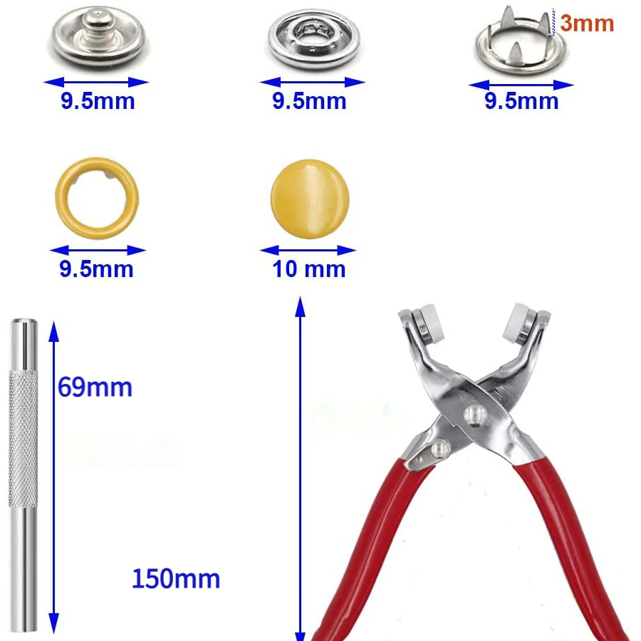 100/200 Sets of Five Claw Button Kits with Tools, Hollow and Solid Metal Tip Snap Buttons for Garment Craft Sewing