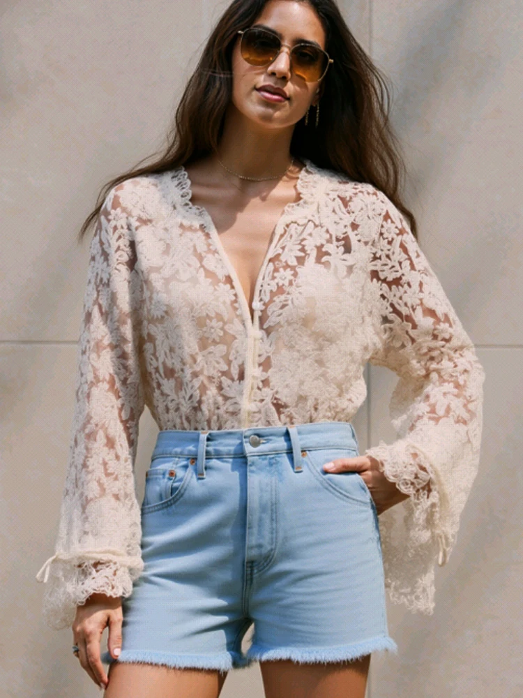 

2025 New Fashion See Through Mesh Lace Shirt Korean Hollow Out Sweet Blouse Loose Casual Slim Long Sleeve Crochet Elegant Tops
