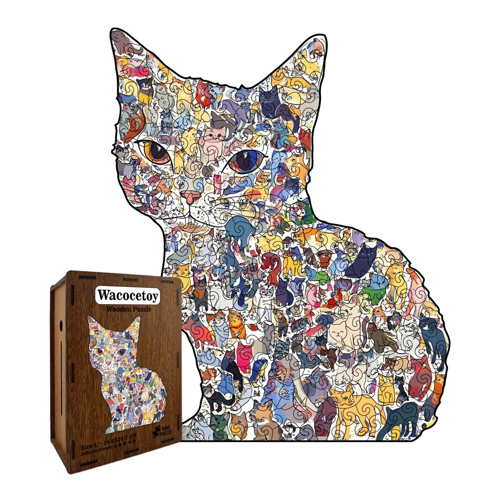 High Difficulty Irregular Cat Shape Wooden Puzzle for Adults Creative Money Bank & Unique Jigsaw Puzzle Stress Relief Toy HG95