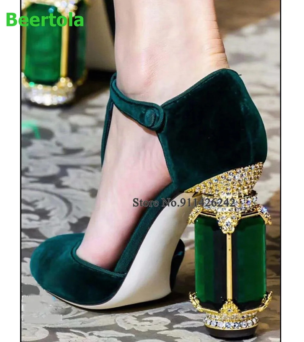 Rhinestone Heel Luxury Design Suede Fabric Pumps For Female Women 2024 Solid Round Ankle Strap Fashion Party Elegant Dress Shoes