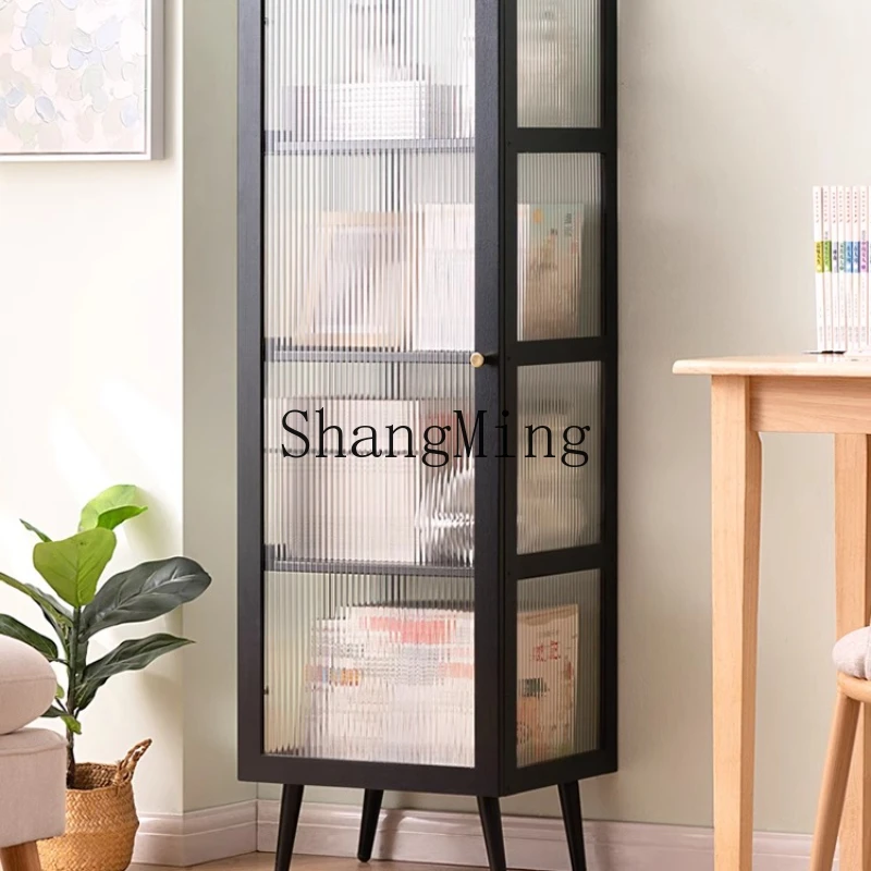 

FG bookcase children's dust with door solid wood floor rack household storage narrow cabinet simple living room