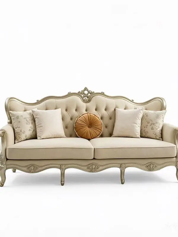 ^French Entry Luxury Solid Wood Carved Movable High-Density Sponge Filled Three-Person Leather Art Crown Sofa for Living Room
