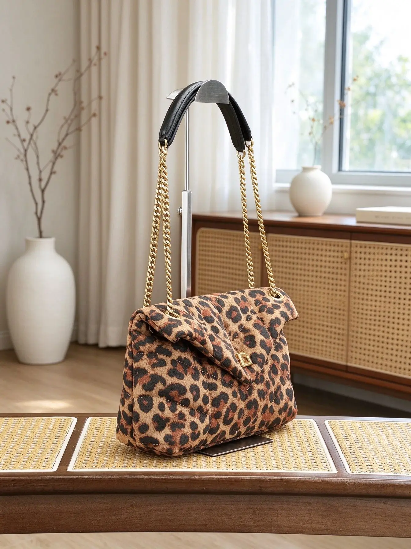 Unisex Vintage Leopard Pattern Furry Box Bag Gold Metal Hardware Top Handle Adjustable Crossbody Shoulder Purse