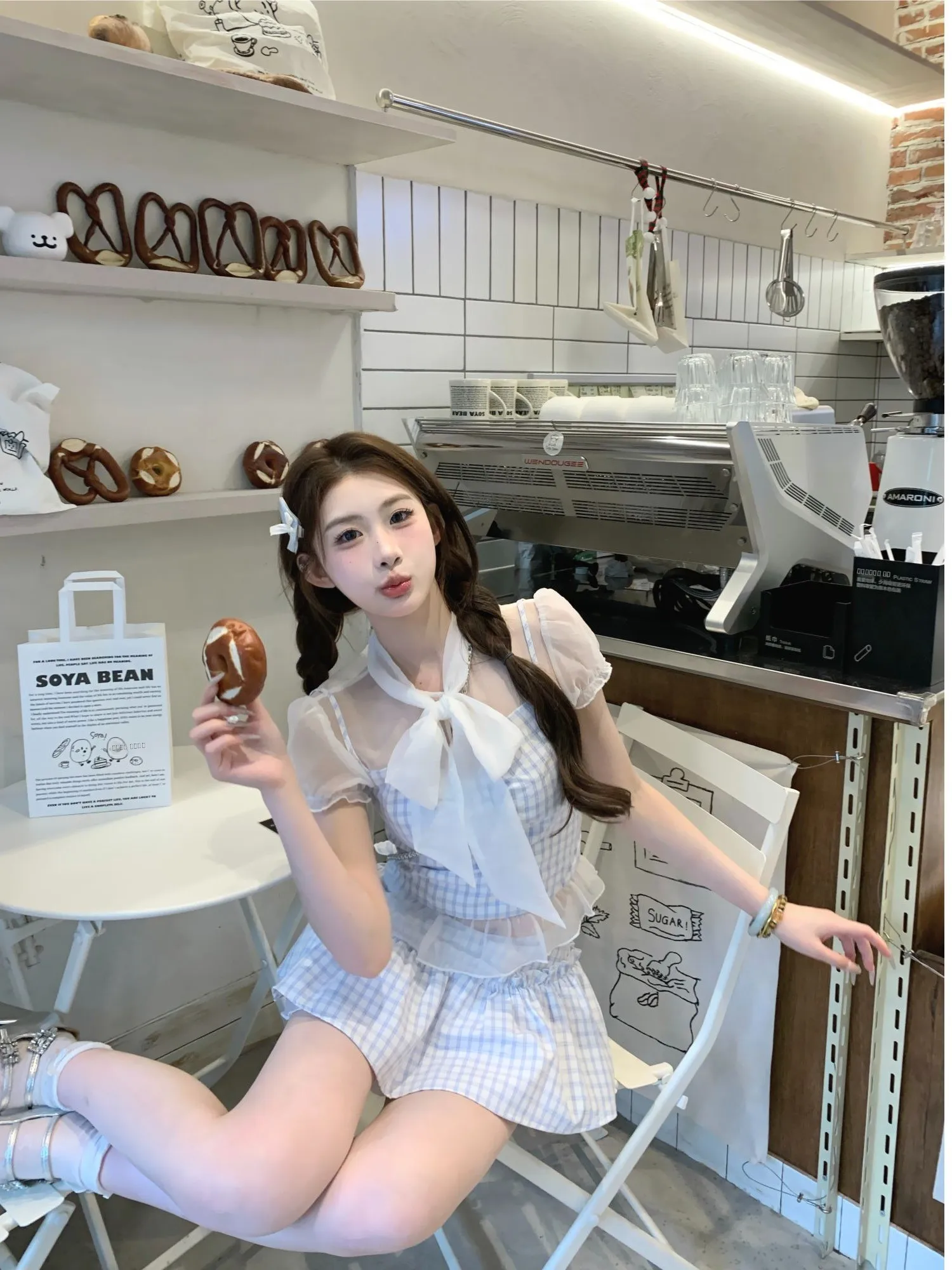 

Легкий летний комплект из синей блузки с завязками и клетчатой юбки для невысоких женщин, модный комплект из двух предметов