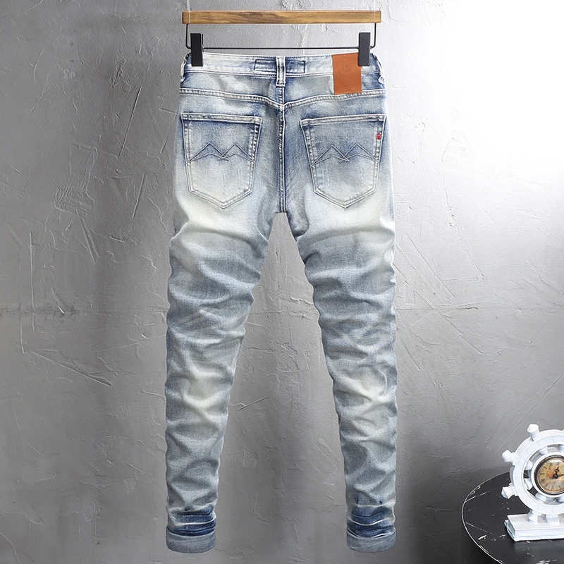 Designer Fashion Men Jeans High Quality Retro Light Blue Stretch Slim Fit Ripped Jeans Men Embroidery Vintage Y2K Denim Pants