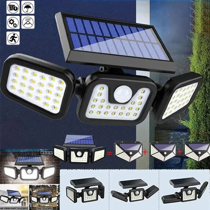 2026 Upgraded Solar Security Lights Outdoor 270° Human Detection&3-Heads Adjustable IP65 Waterproof Motion Sensor Flood Light