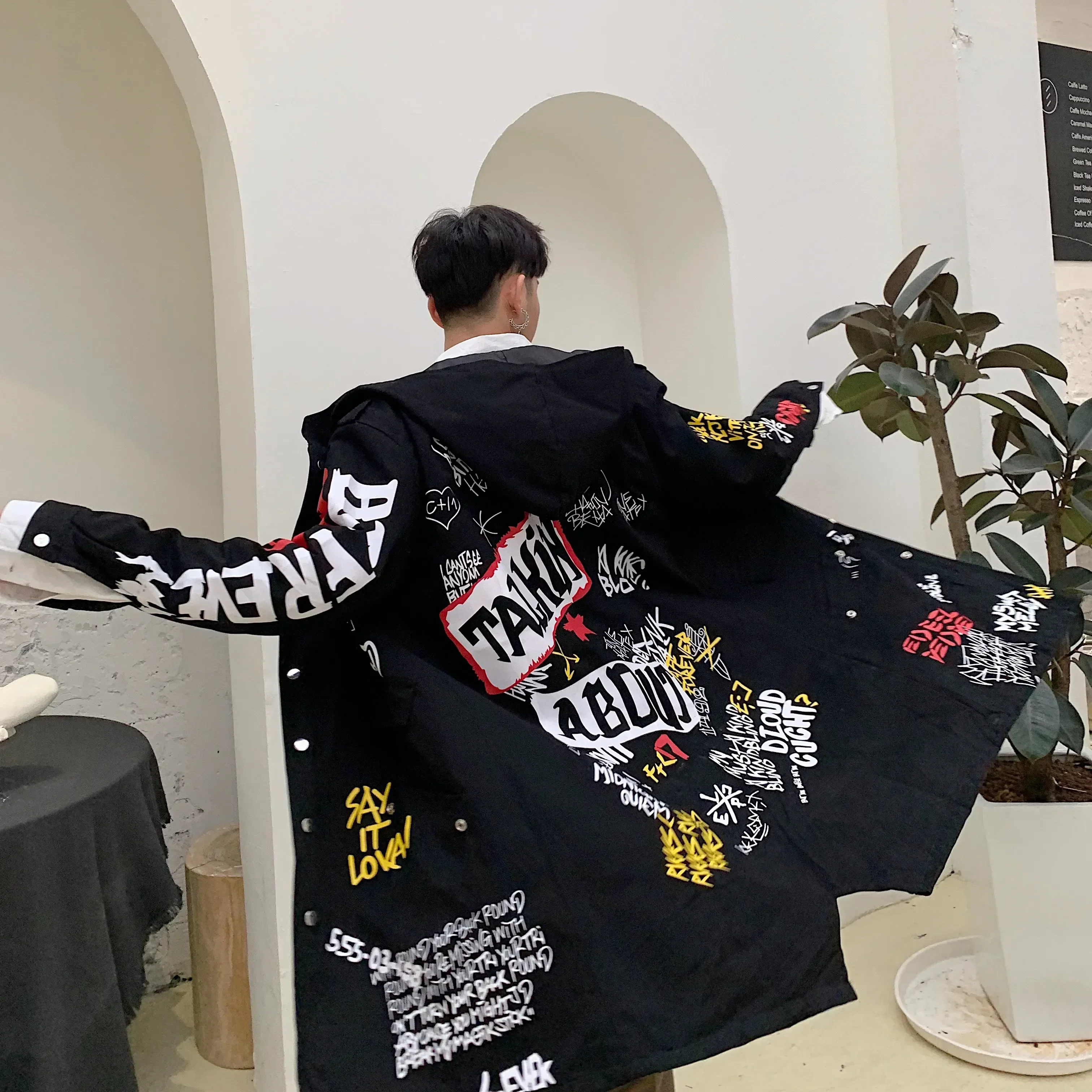 Letter Print Jacket for Men Graffiti Trench Coat Hip Hop Clothing Teen Autumn Fashion Trend Harajuku Streetwear Long Windbreaker