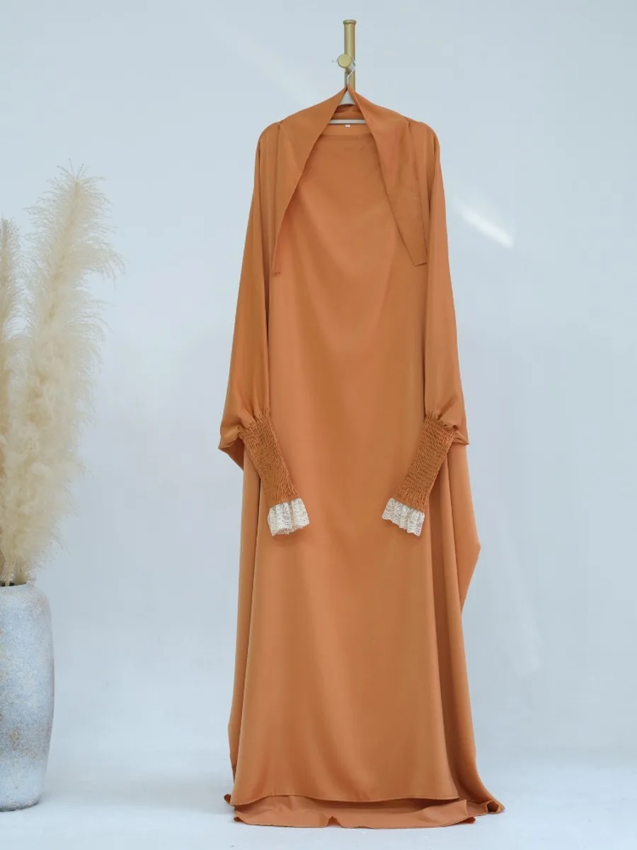 Eid Muslim Prayer Dress for Women Abaya Jilbab Jubha Robe Eid Prayer Garment Ramadan Lace Cuff Abayas Dubai Arab Long Robe 2024