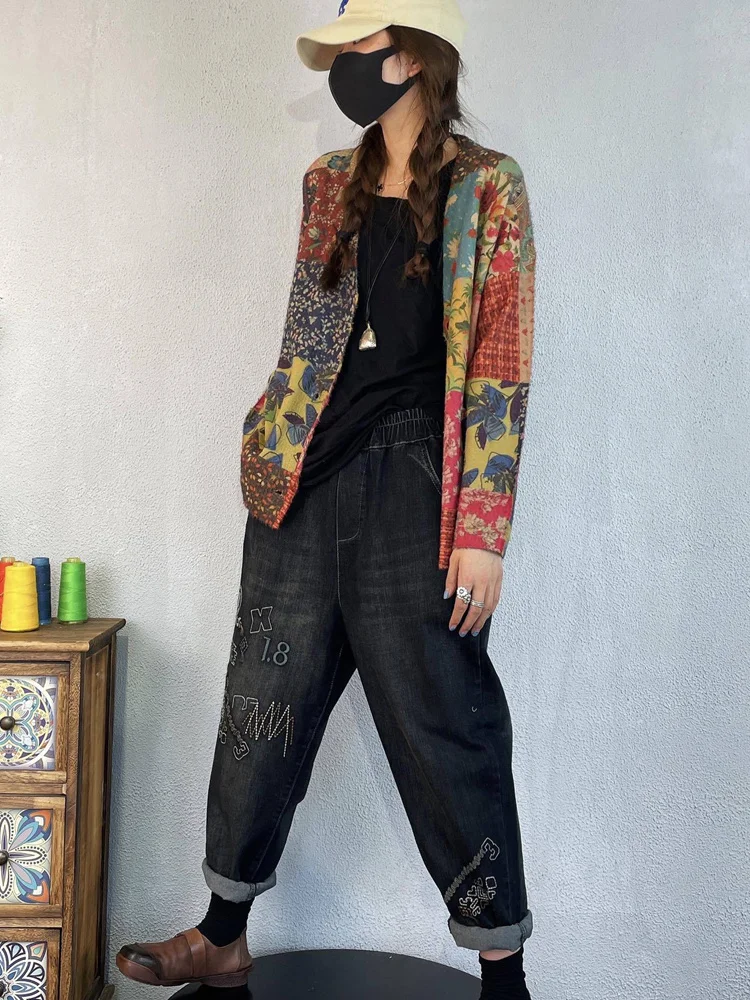 Amax luluE Winter Vintage Printed V-Neck Sweaters Womens Loose Leisure Cardigans Gothic Females Harajuku Pocket Floral Clothing