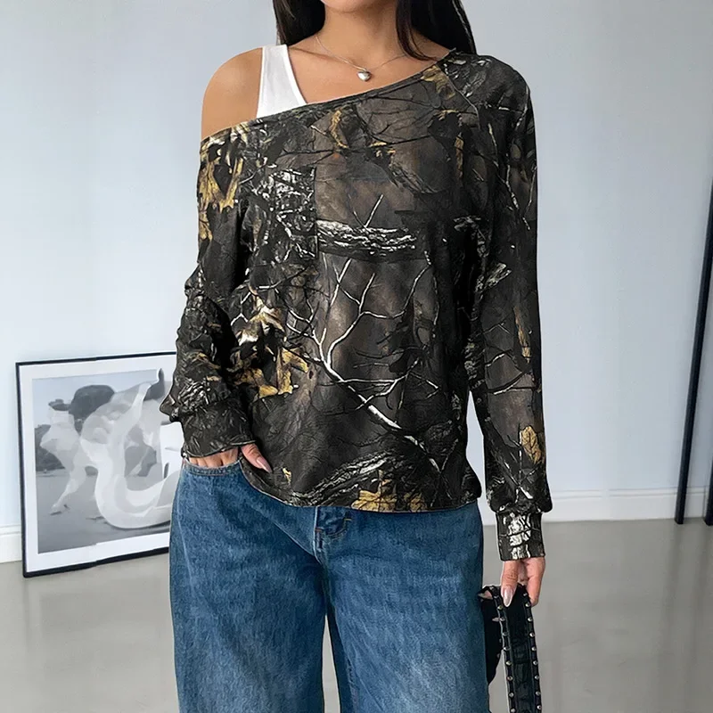 

2026 Spring and Autumn New Fashion Top Slanted Collar Long Sleeve Trendy Printed T-Shirt