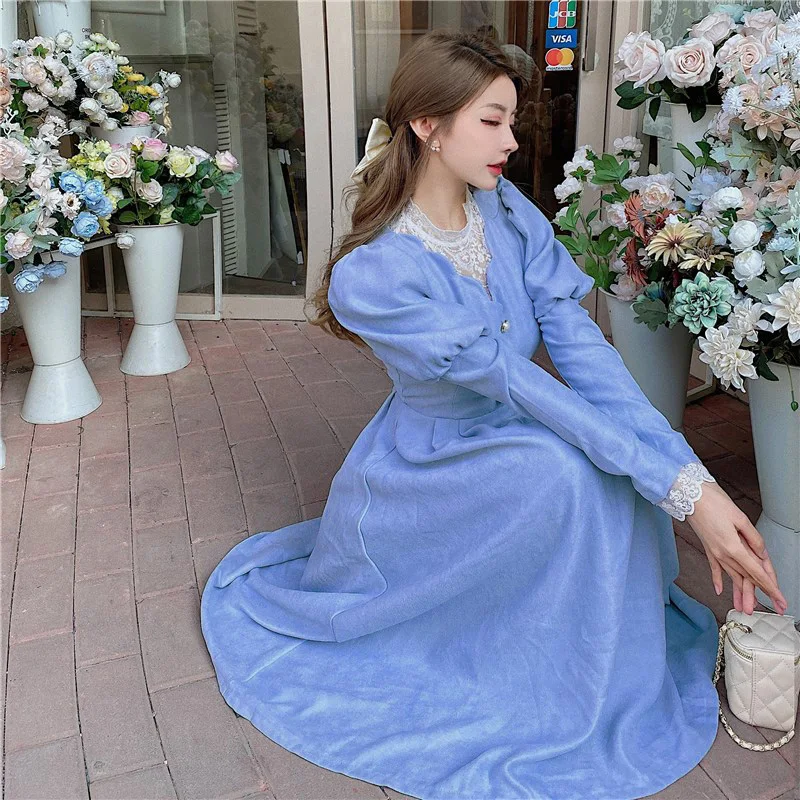 

Elegant Vintage Puff Sleeve Dress Women Chic Patchwork Lace Long Party Dresses Female Casual French Sweet Kawaii Dresses Female