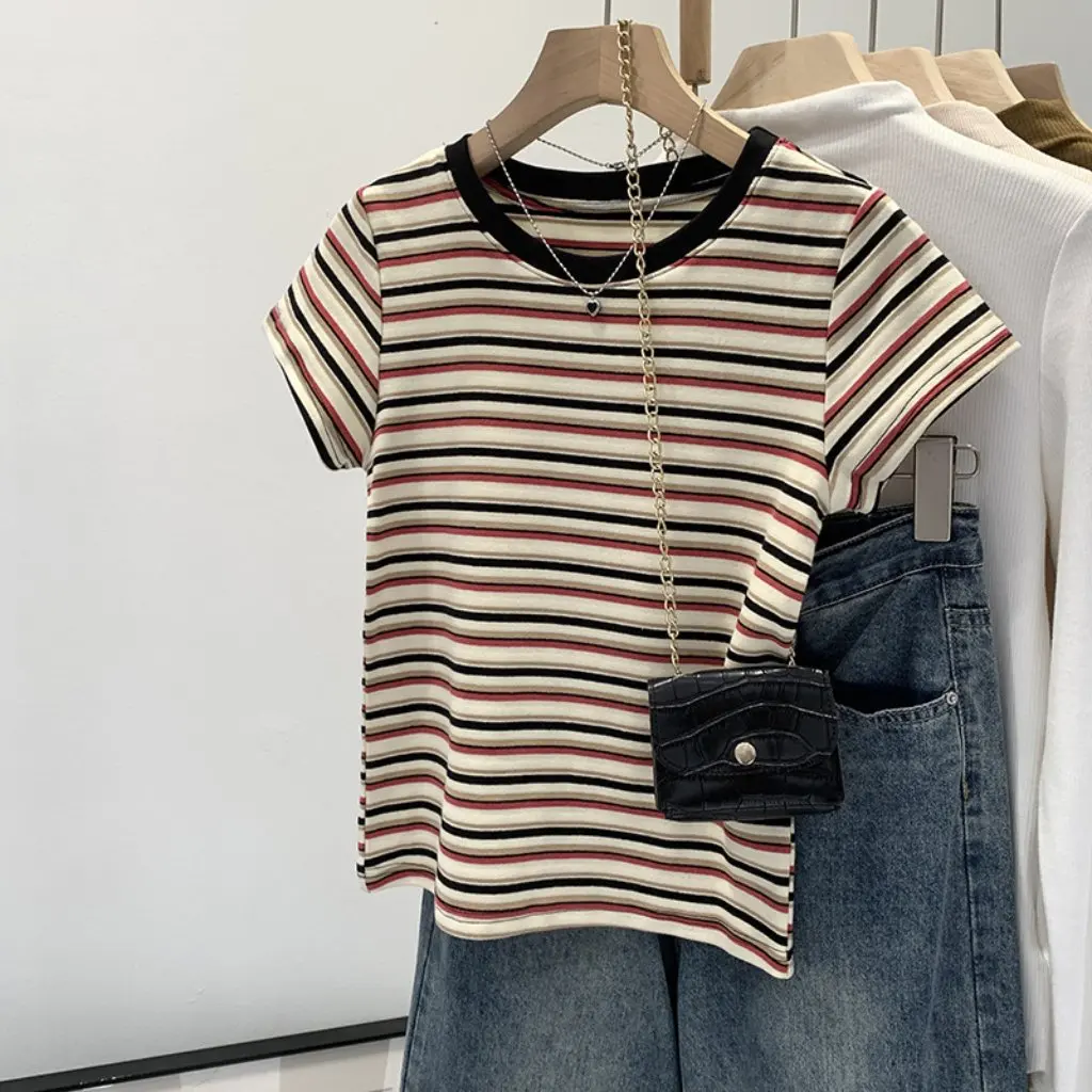 

Women's Slim-fit Contrast Striped T-shirt Summer European Style Hot Girl Shoulder Short-sleeved Base Top