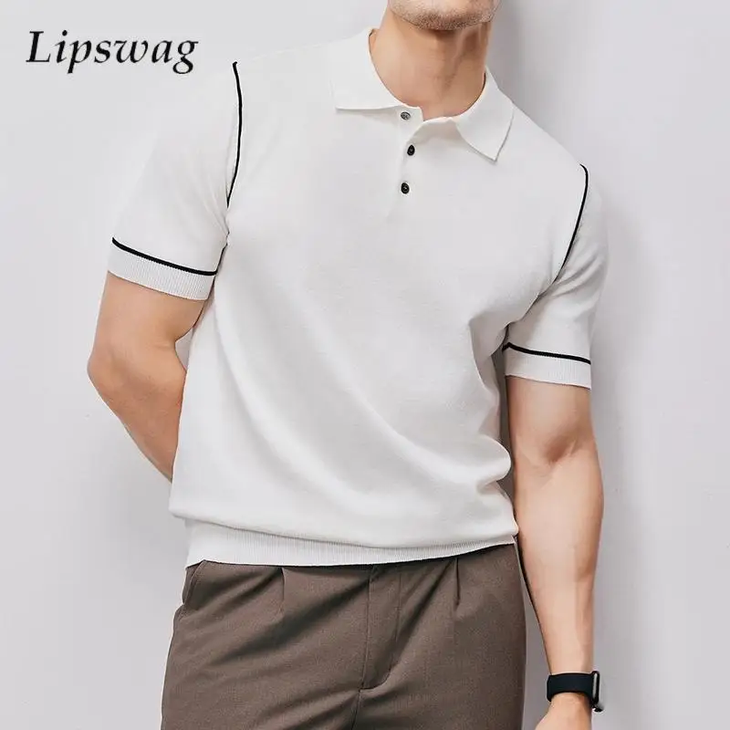 

Весна-лето, новая повседневная вязаная рубашка-поло, мужские модные облегающие поло с короткими рукавами, мужские повседневные джемперы с лацканами на пуговицах