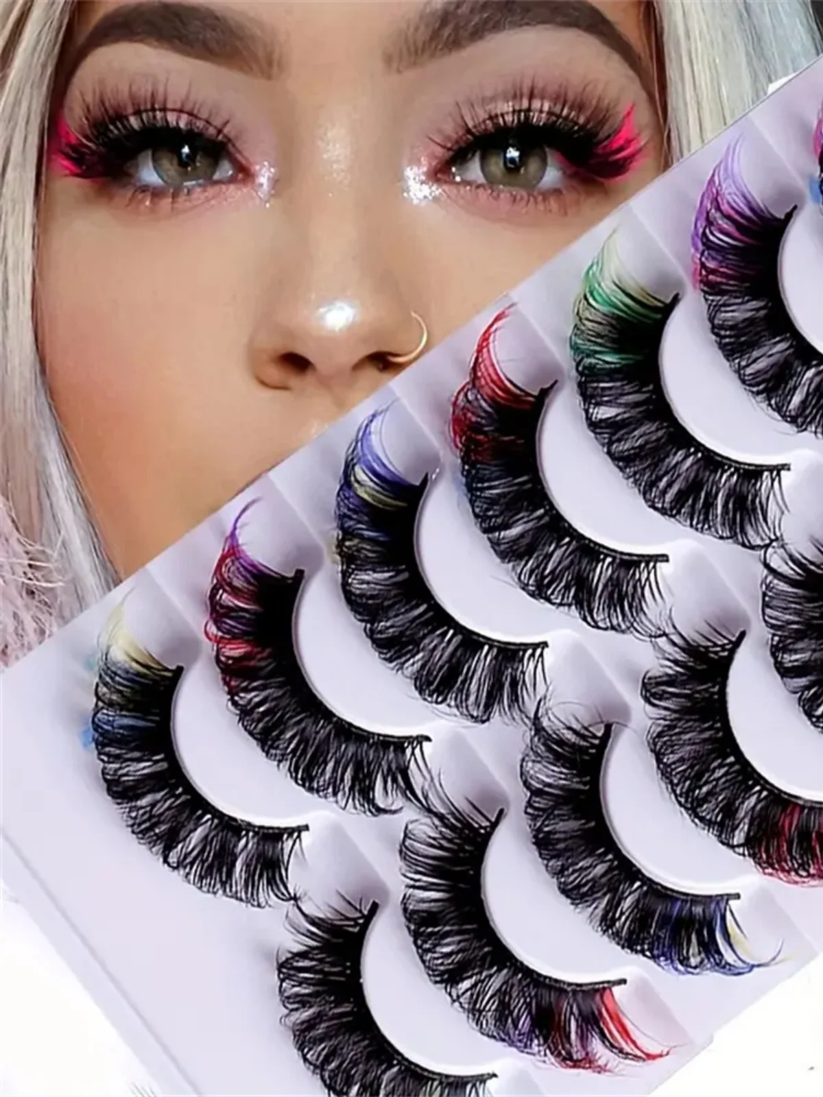 7 Pares De Pestañas Postizas Coloridas - Rizo Ruso En Longitudes Variadas, Gruesas Y Finas, Mezcla Multicolor Para Look De Ojo D