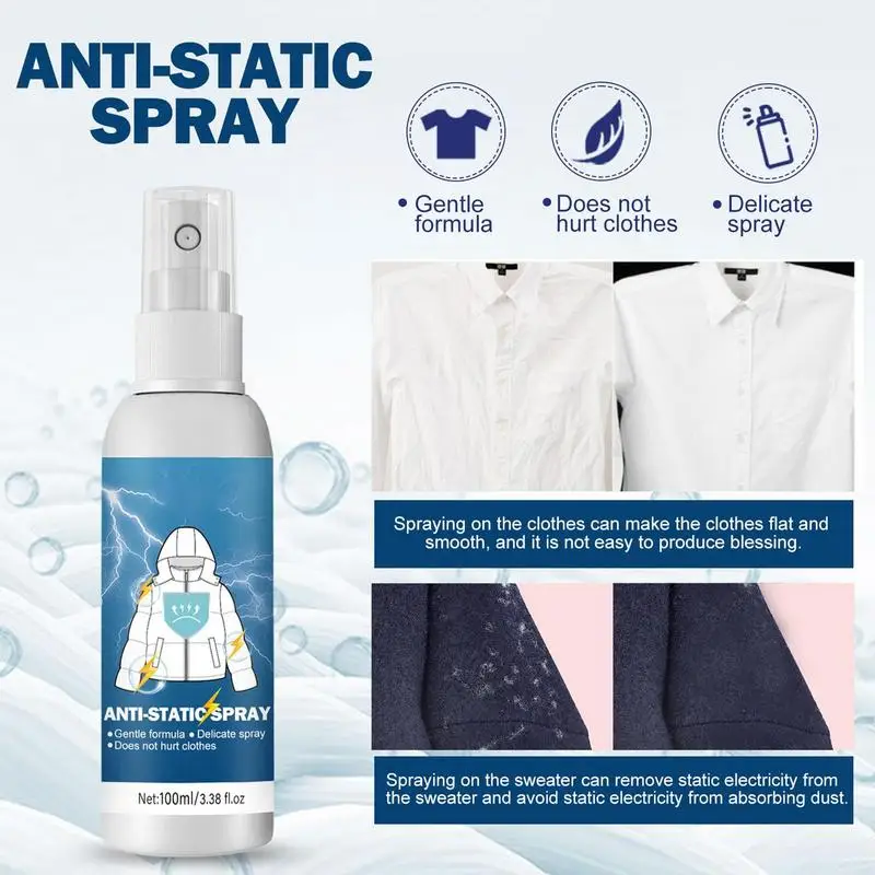 Static Spray for Clothes Anti Static 100ml Cling Remover Spray Starch for Ironing Clothes Odorless Static Remover for Wardrobe