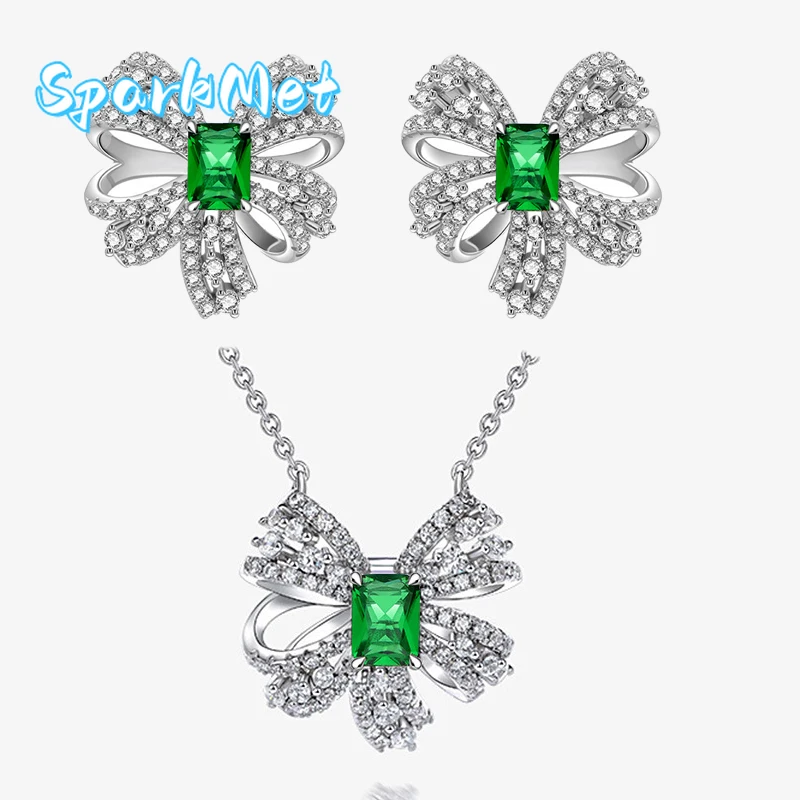 

SparkMet Deluxe изумрудные серьги-гвоздики с бантом, комплект ожерелья для женщин, серебро S925, вечерние ювелирные изделия, подарок