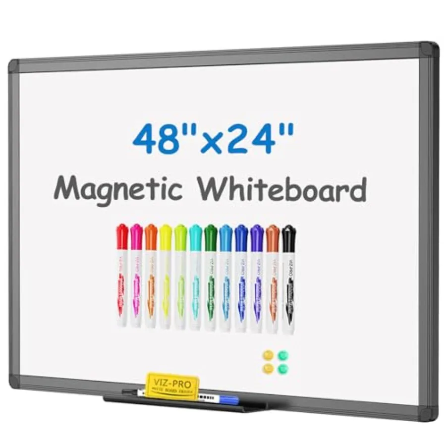 

Magnetic Whiteboard/Dry Erase Board with Black Aluminium Frame, 48 X 24 Inches, with 1 Eraser and 4 Magnets and 14 Markers